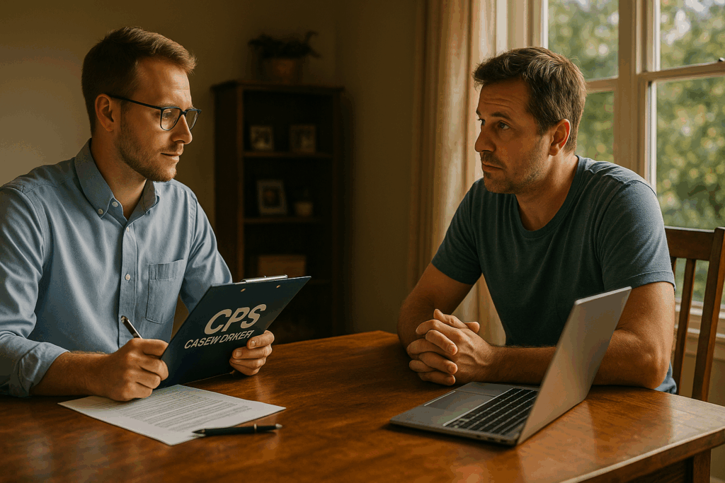 A parent cooperating with a CPS caseworker during a home visit.