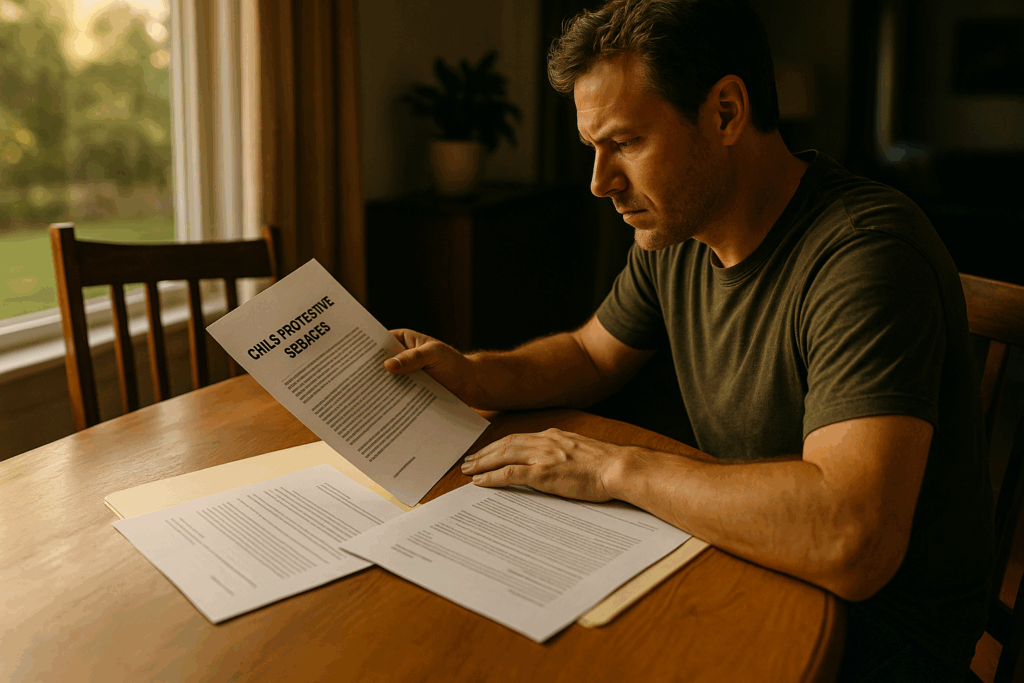 A person reviewing documents related to a child protective services investigation.