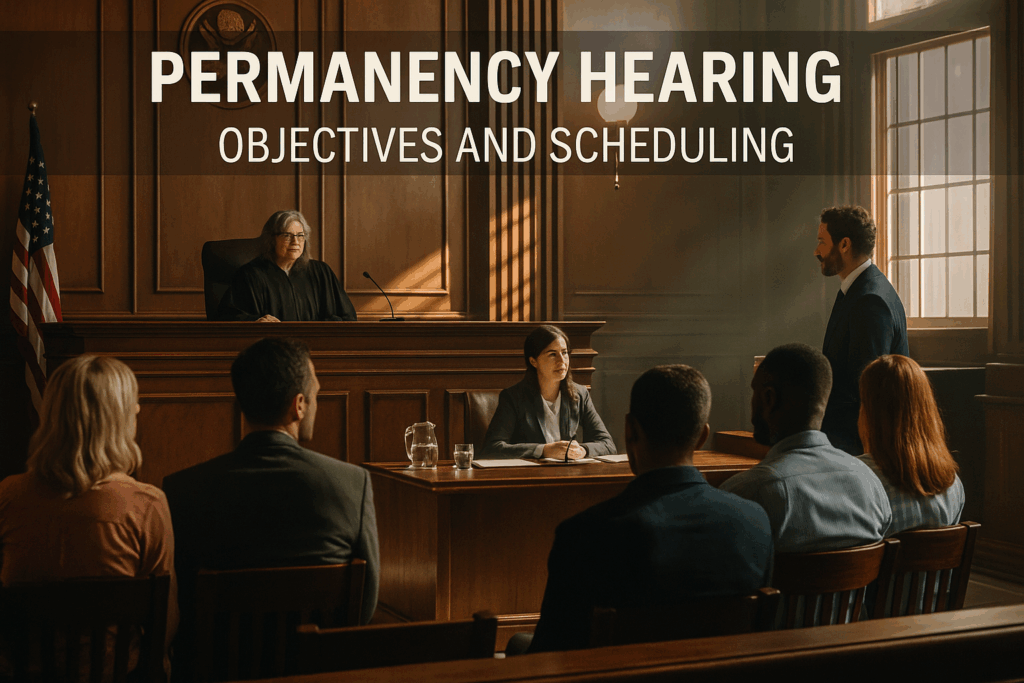A visual representation of a permanency hearing, focusing on objectives and scheduling.