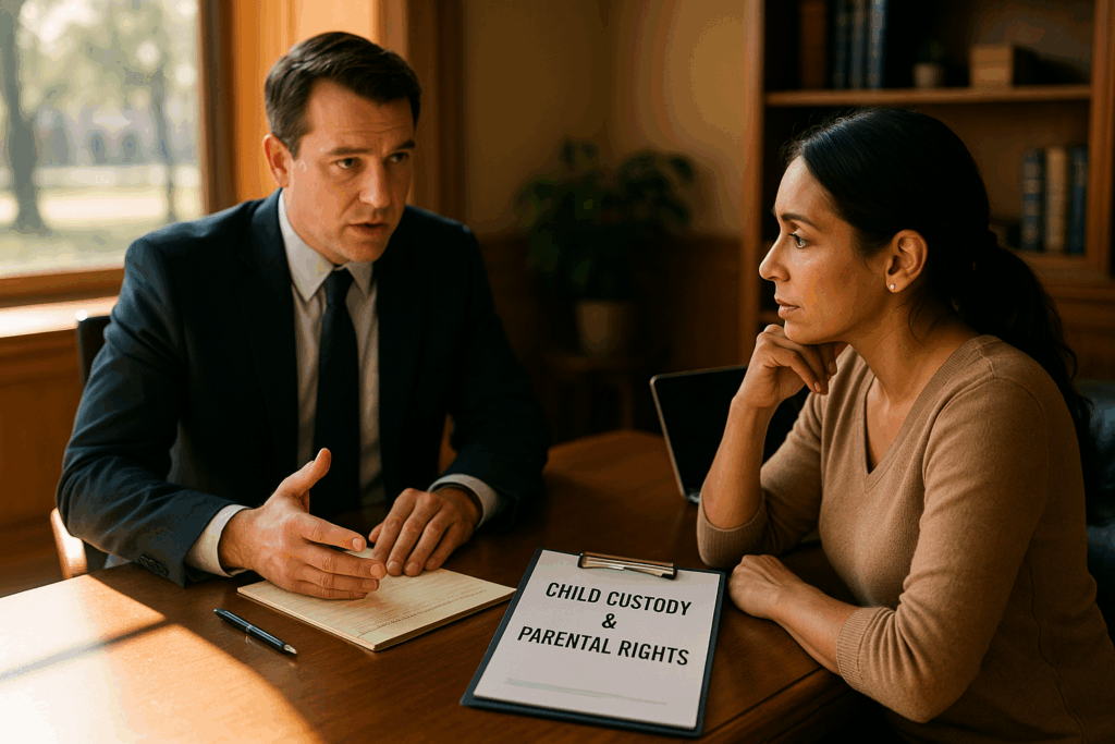 An image showing a parent participating in a legal consultation regarding child custody and parental rights.