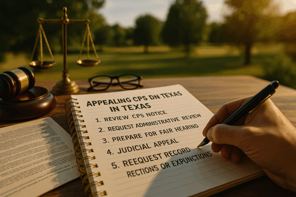 A step-by-step guide to appealing CPS decisions in Texas, highlighting key actions.