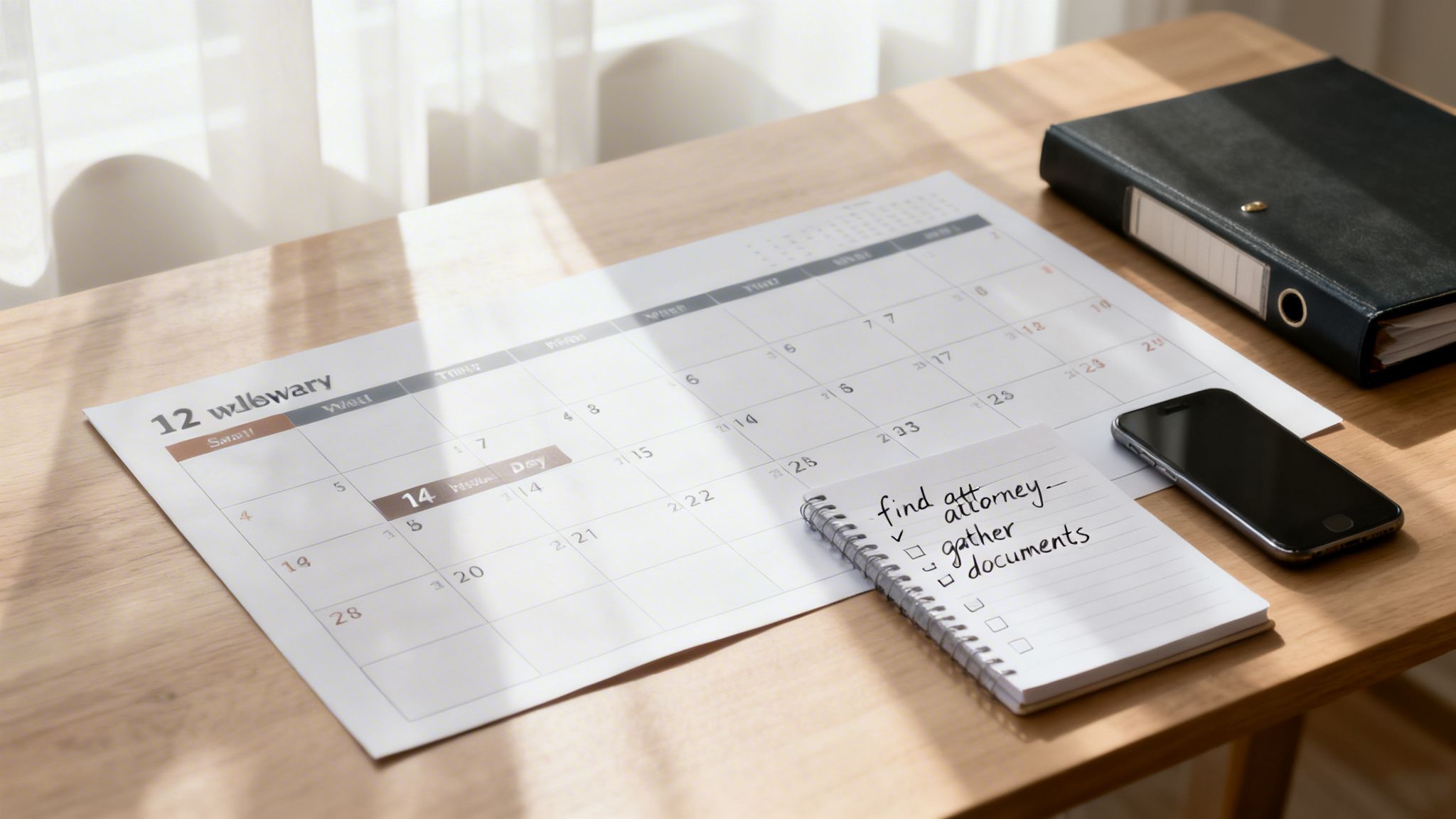 A calendar, notebook with legal checklist, smartphone, and binder on a sunlit wooden desk.