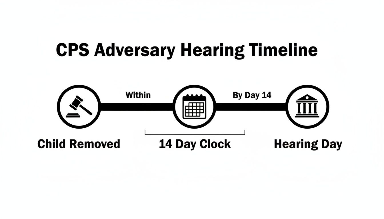 Timeline illustrating the CPS adversary hearing process, from child removal to the hearing day within 14 days.