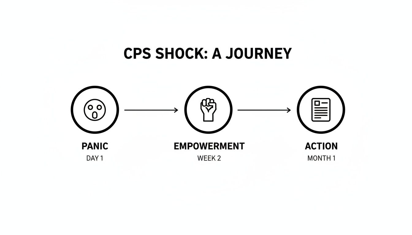Flowchart illustrating the CPS shock journey: Panic (Day 1), Empowerment (Week 2), and Action (Month 1).