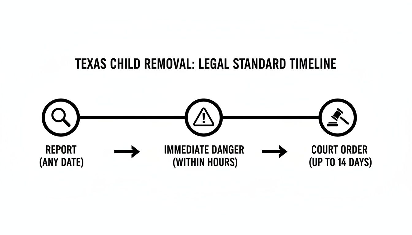 Timeline showing Texas child removal legal process from report to immediate danger to court order.