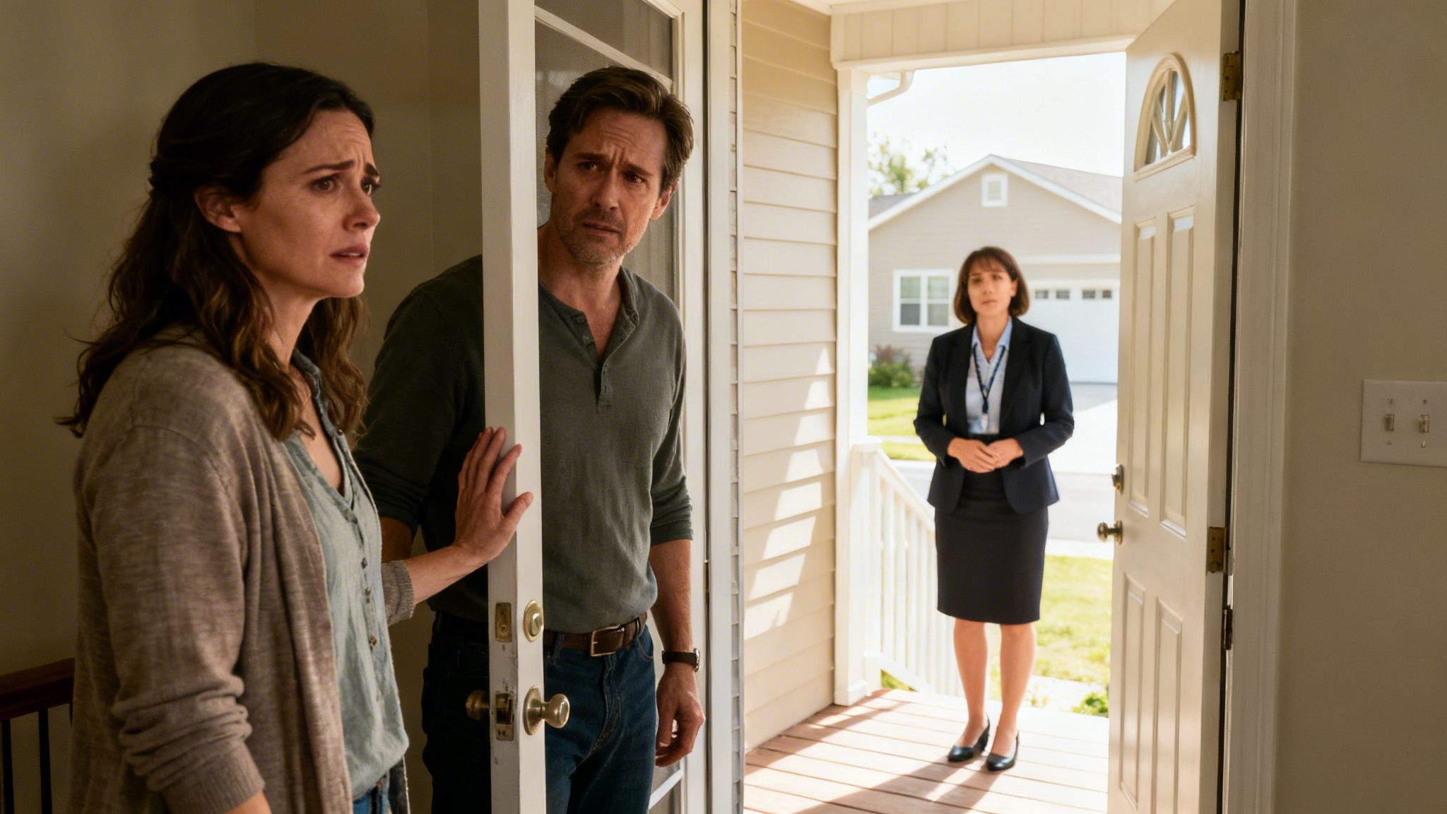 A concerned couple opens their front door to a woman in a business suit on the porch.