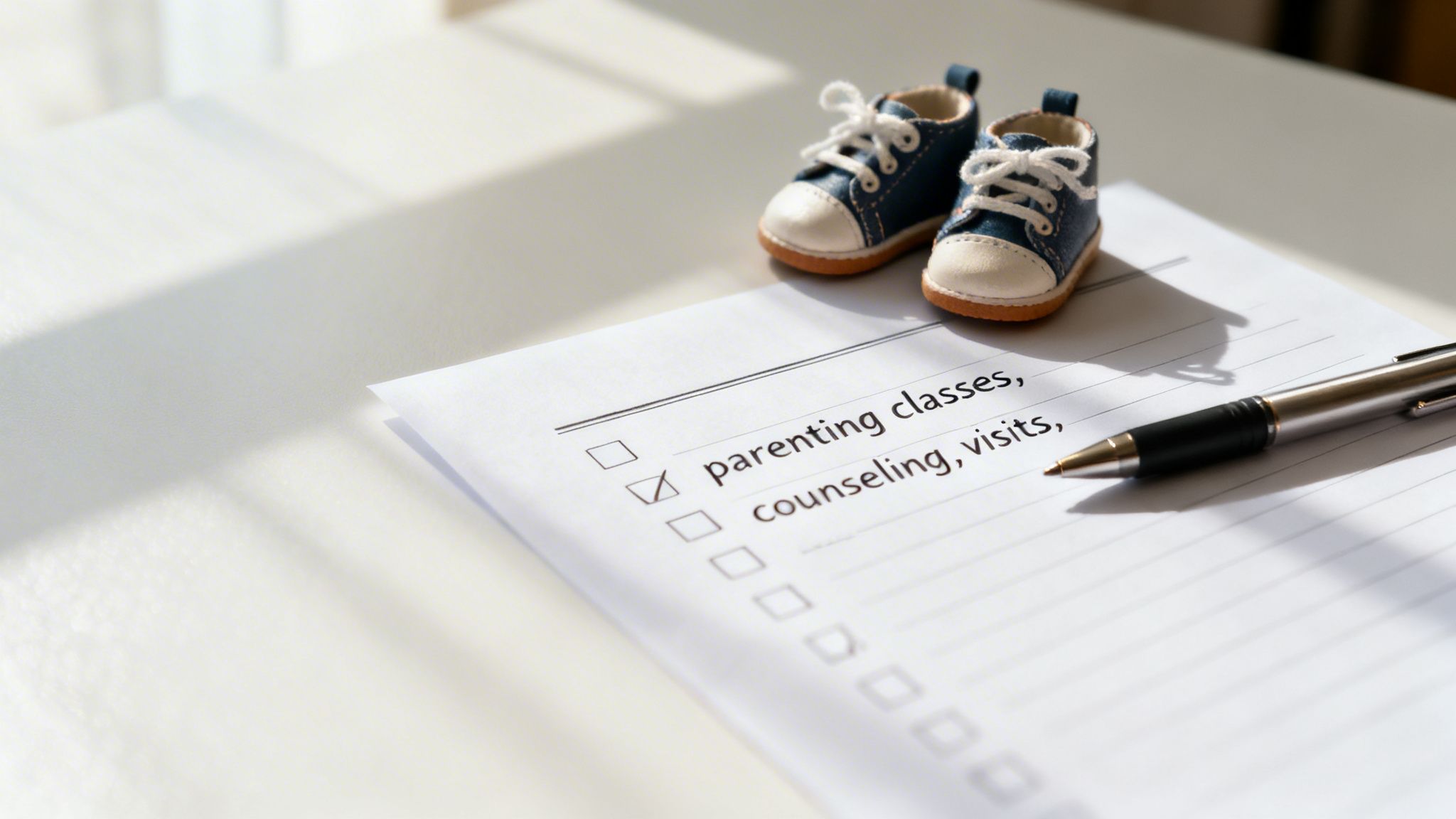 A checklist with 'parenting classes' checked, a pen, and two tiny baby shoes on a white table.