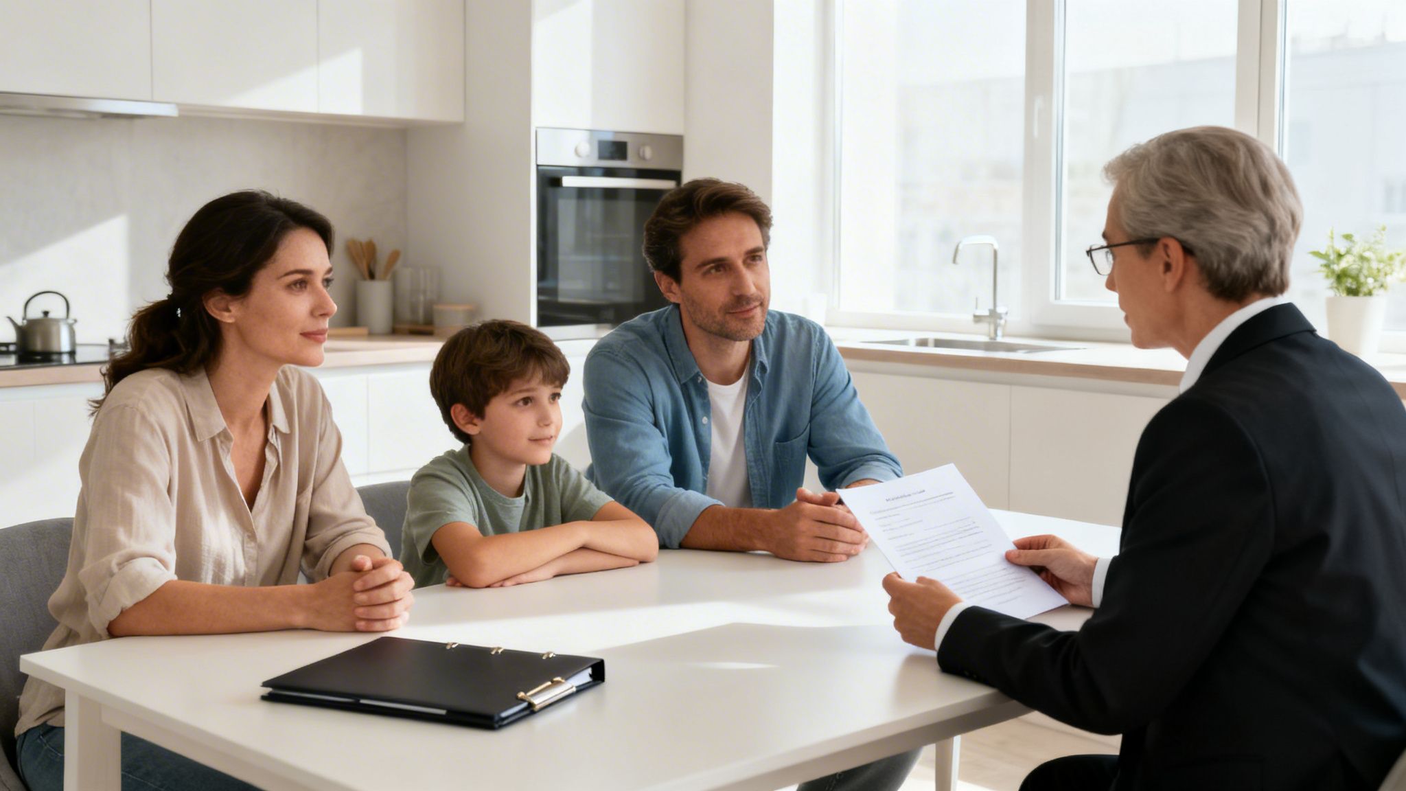 A family with a child listens attentively to a male advisor holding documents at a kitchen table.