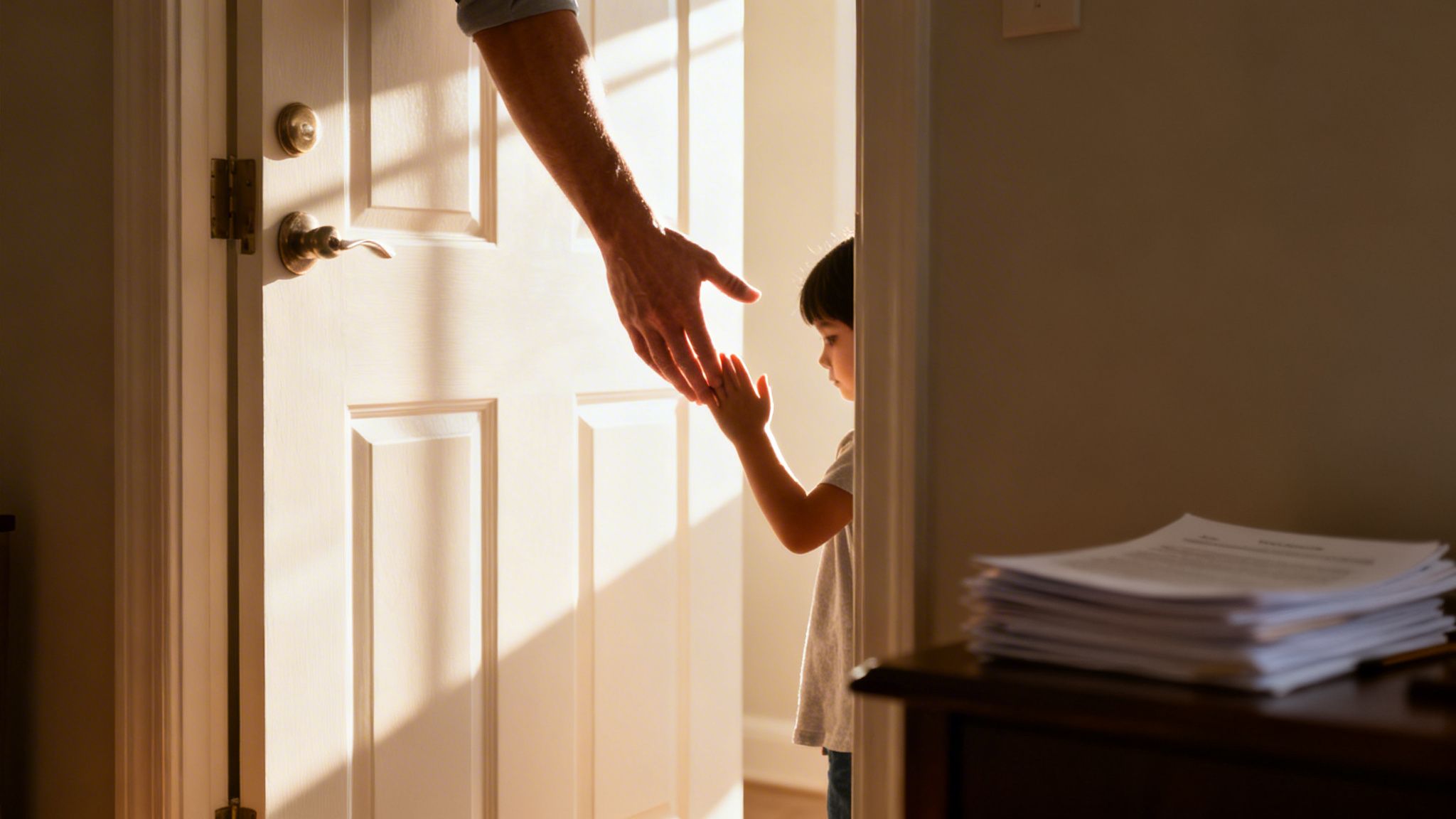 An adult's hand reaches out to a child's hand in a sunlit doorway.