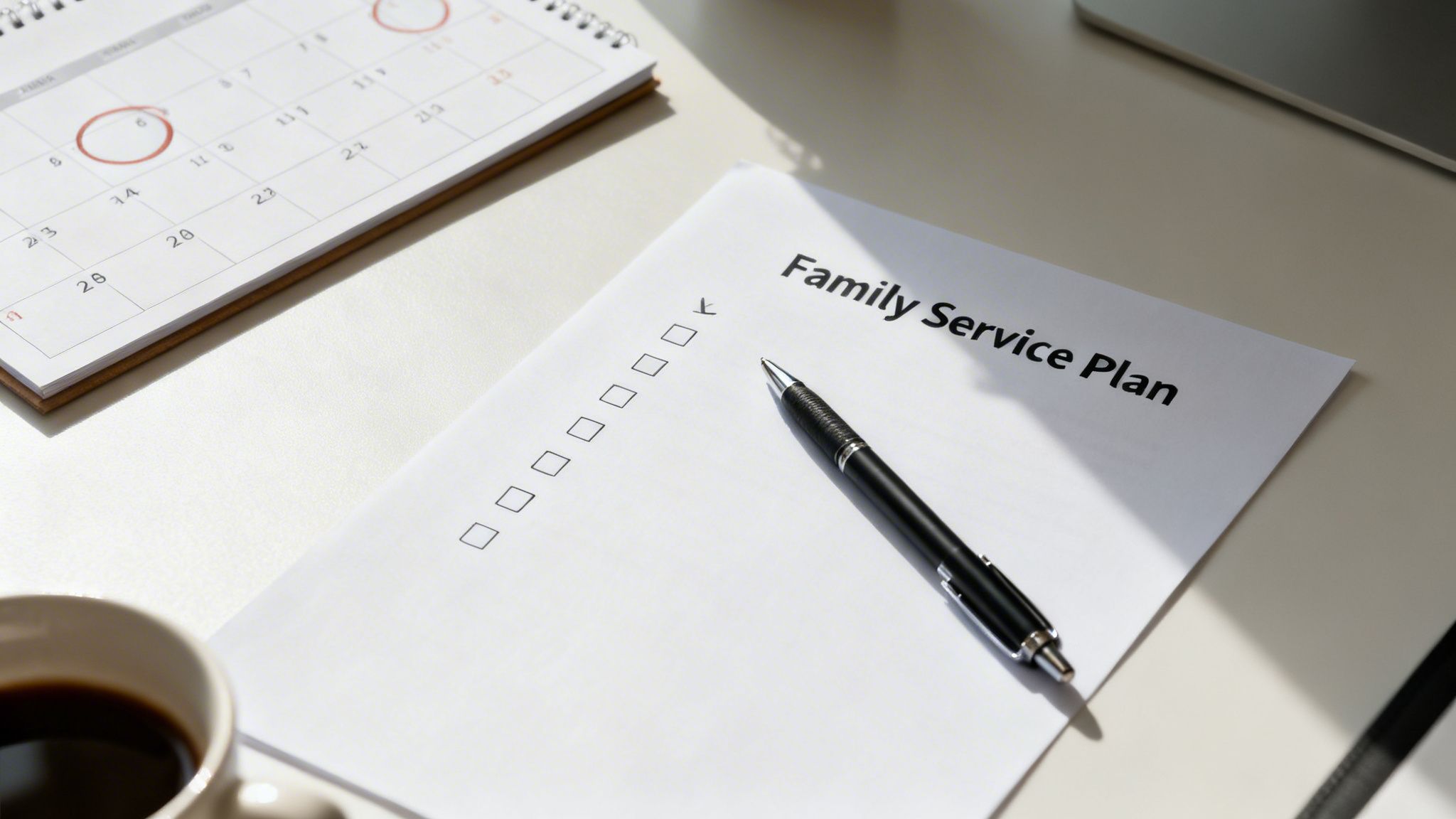 A 'Family Service Plan' document with a checkmark, a pen, a calendar, and a coffee cup on a desk.