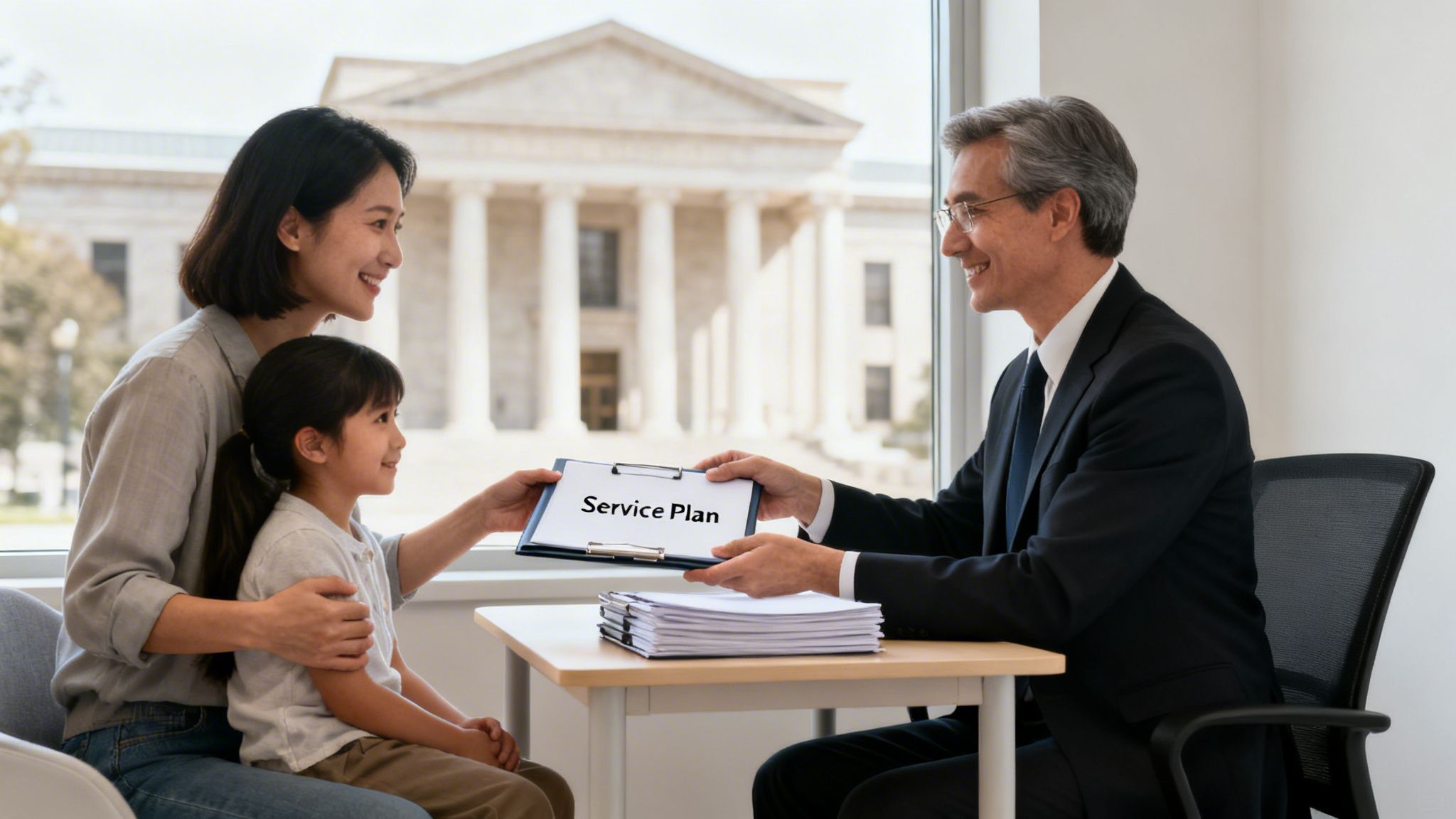 A smiling mother and child receive a 'Service Plan' from a male advisor at a desk.
