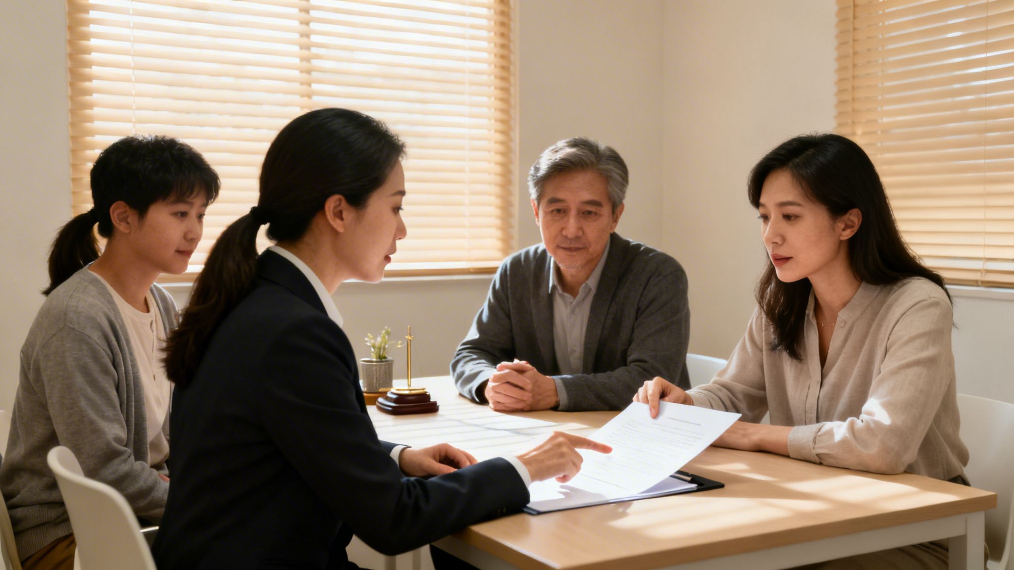 A financial consultant explains a document to a family during a home visit or office meeting.