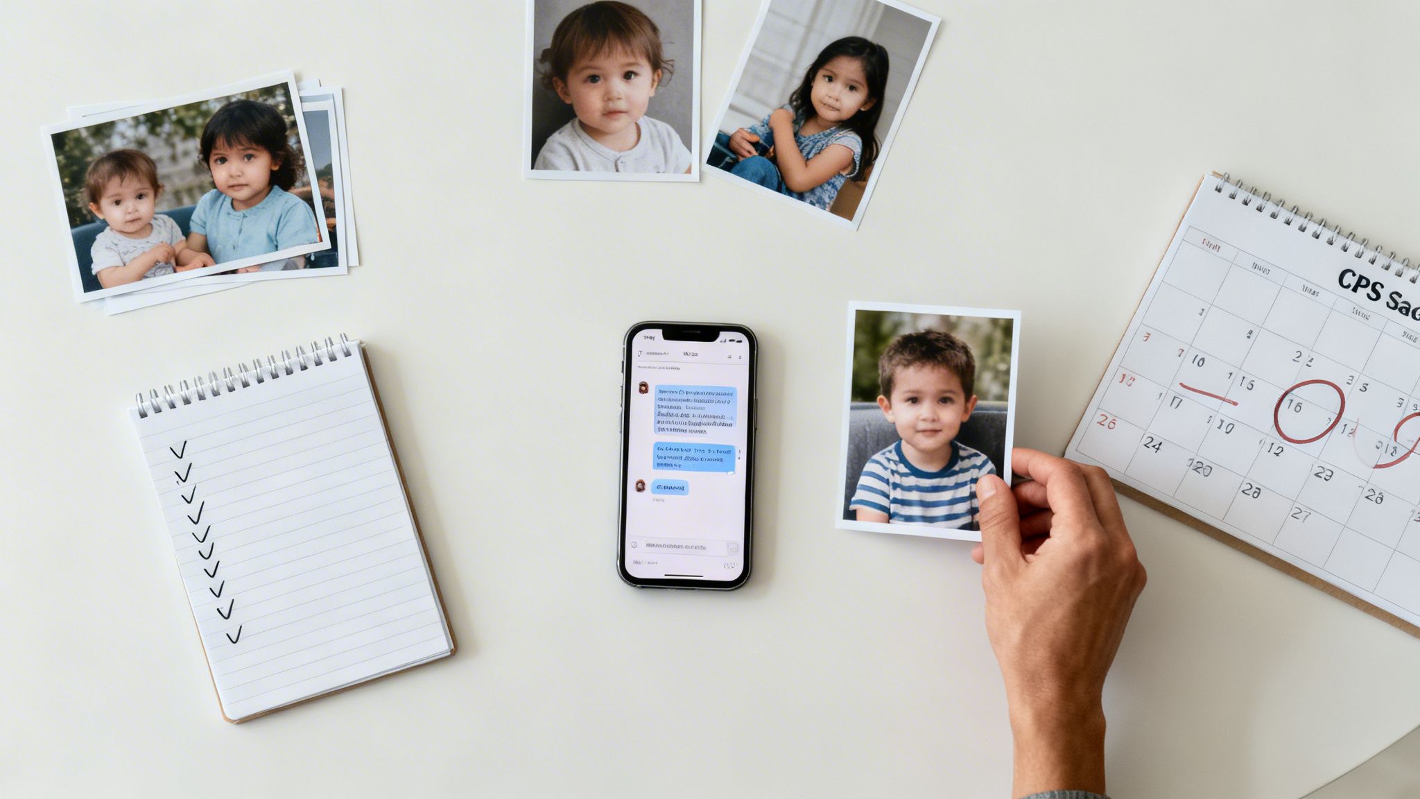 Flat lay of a desk with children's photos, a smartphone, a checklist, and a calendar.