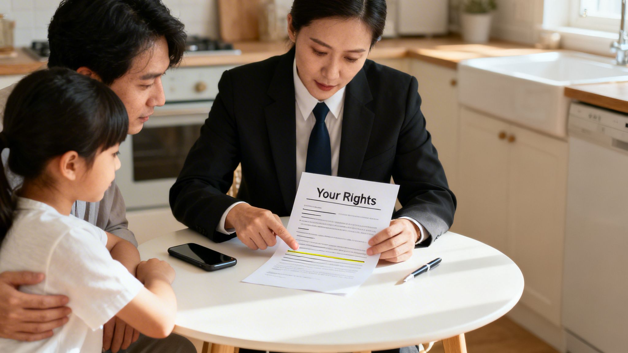 A female lawyer explains legal rights from a document to a father and his young daughter.