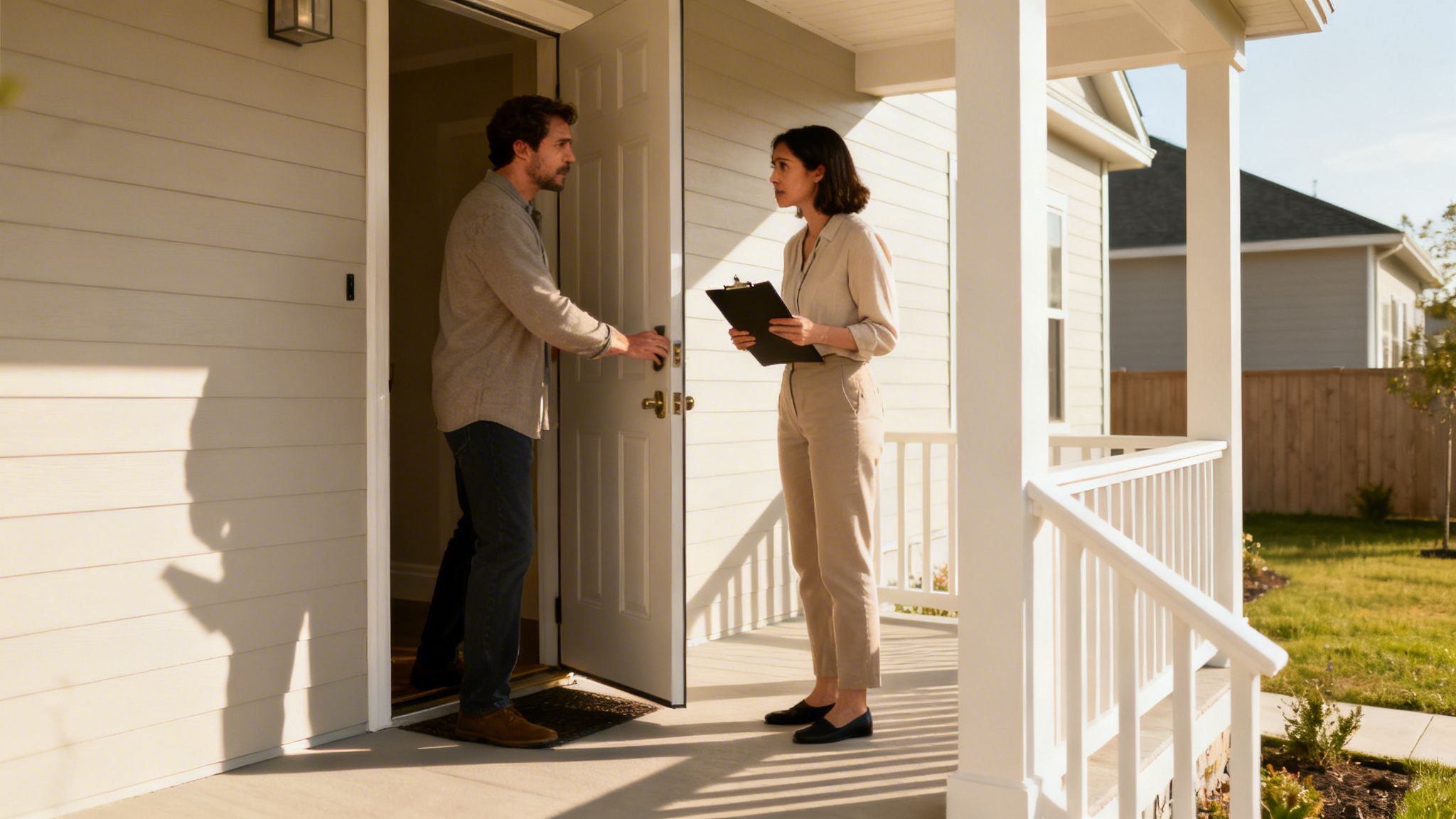 A man opens a door to a woman holding a clipboard on a sunny suburban home porch.