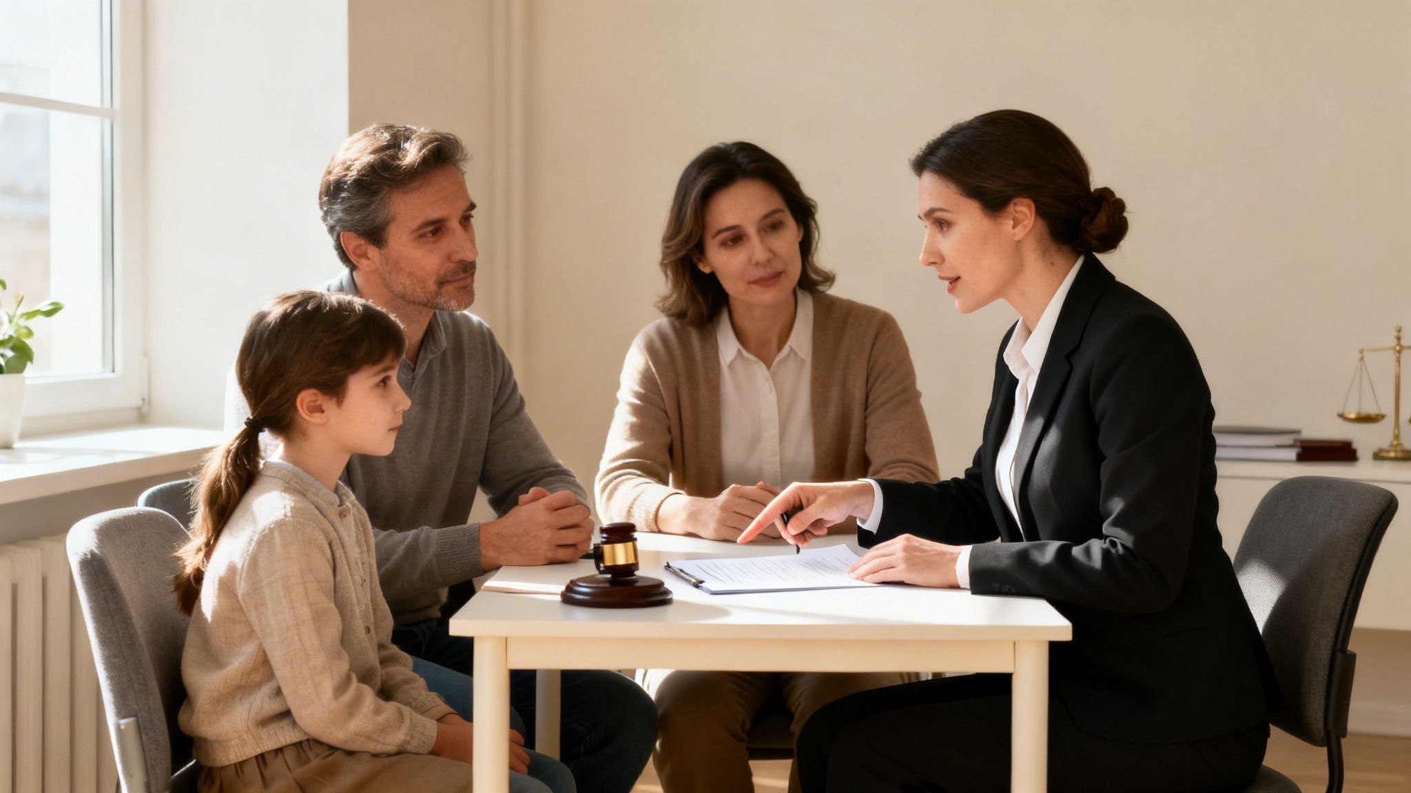 A lawyer discusses legal documents with a family of three, including a child, at a table.