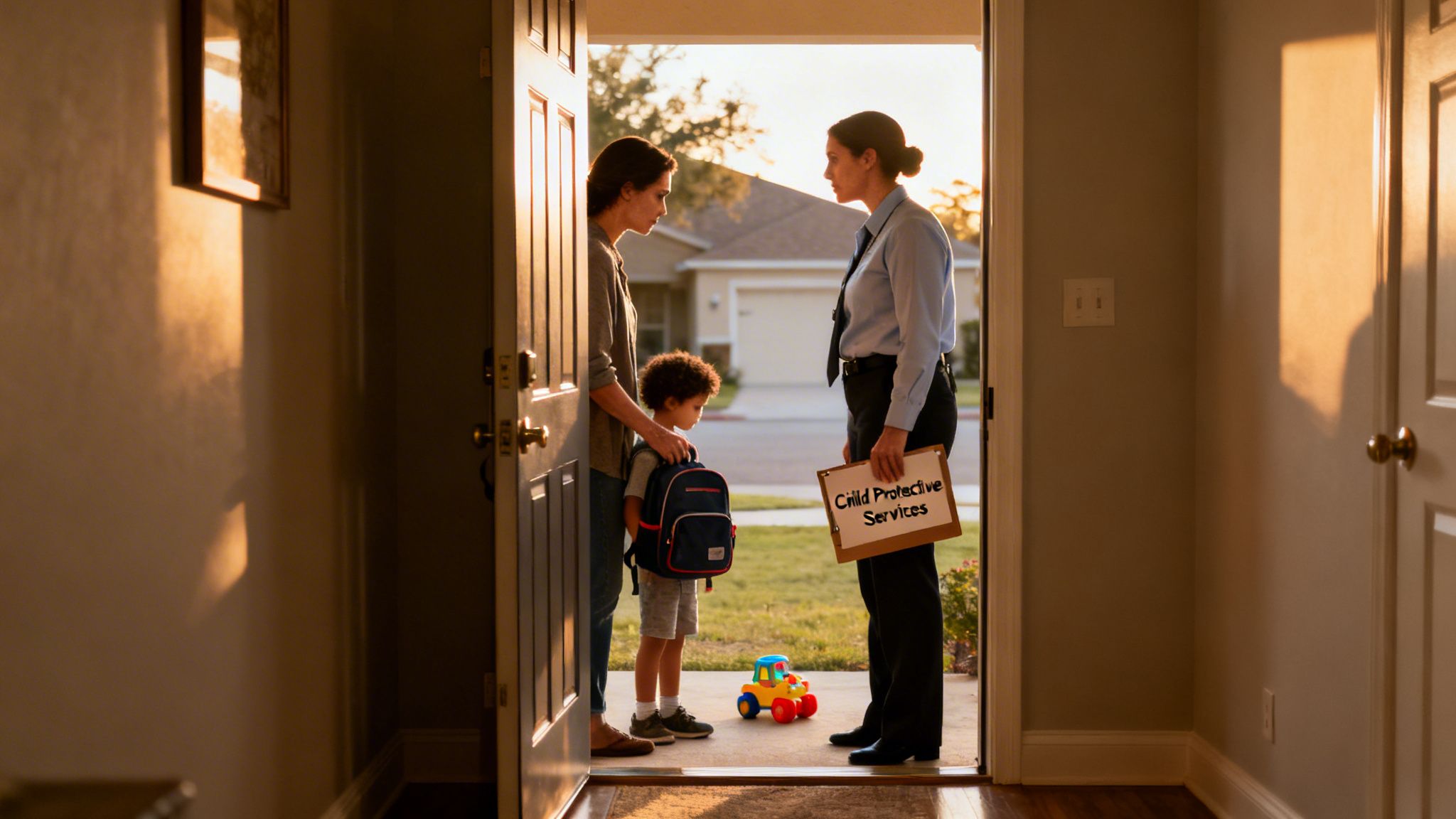 A Child Protective Services worker holds a sign while speaking to a mother and child at their doorstep.