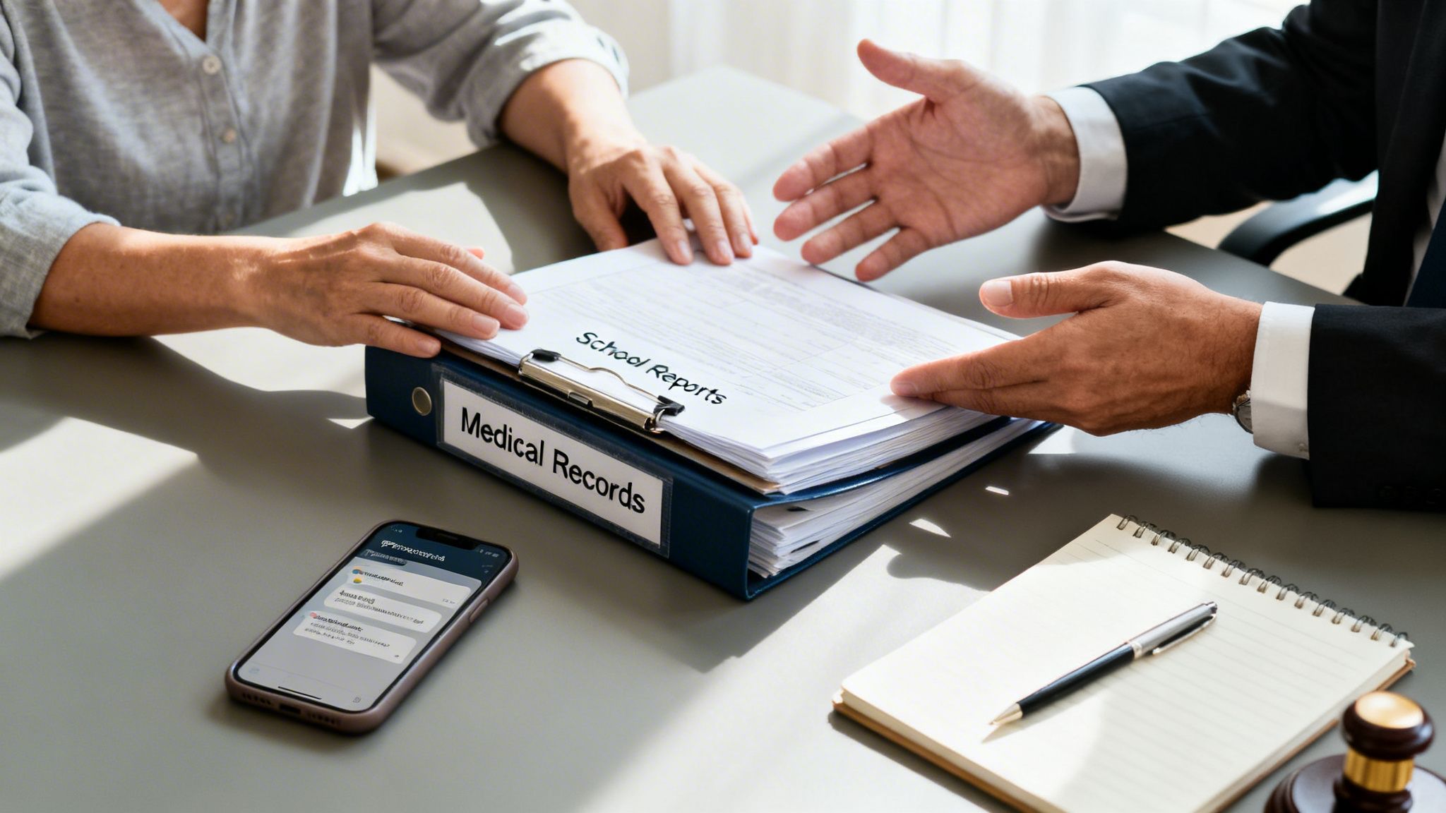 Two individuals review medical and school reports, possibly during a legal consultation.