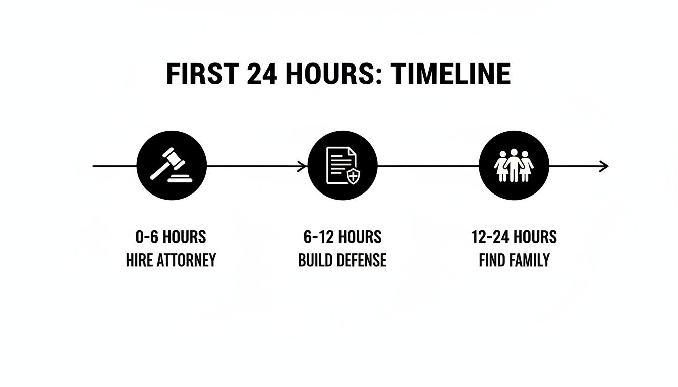 A timeline depicting the first 24 hours: 0-6 hours to hire attorney, 6-12 hours to build defense, and 12-24 hours to find family.