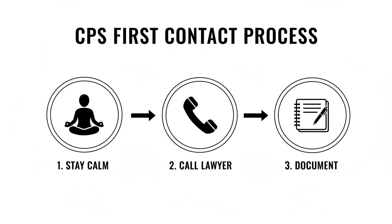 A three-step process for CPS first contact, showing icons for stay calm, call a lawyer, and document.