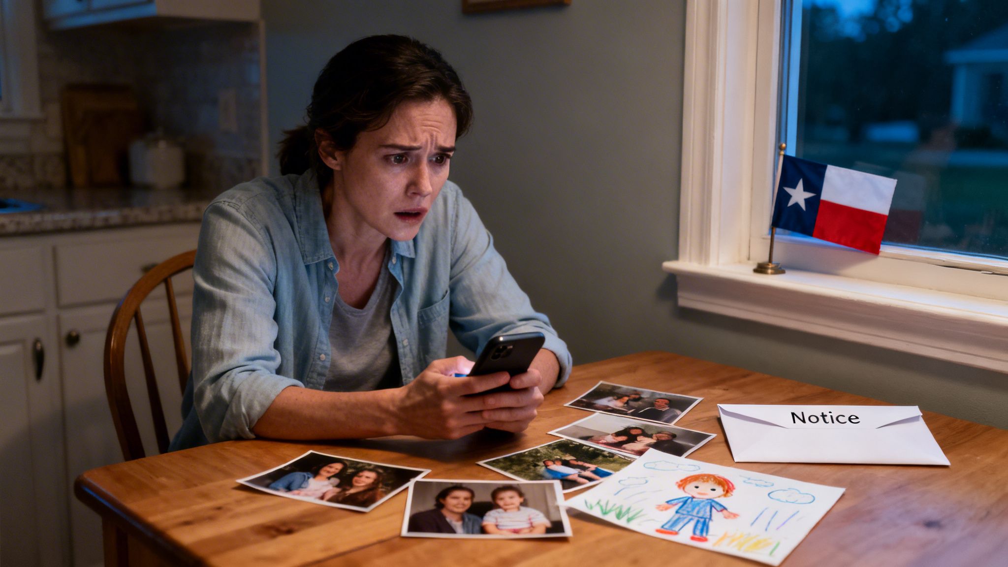 Distraught woman reviews phone, surrounded by family photos, child's drawing, and a 'Notice' envelope, Texas flag visible.