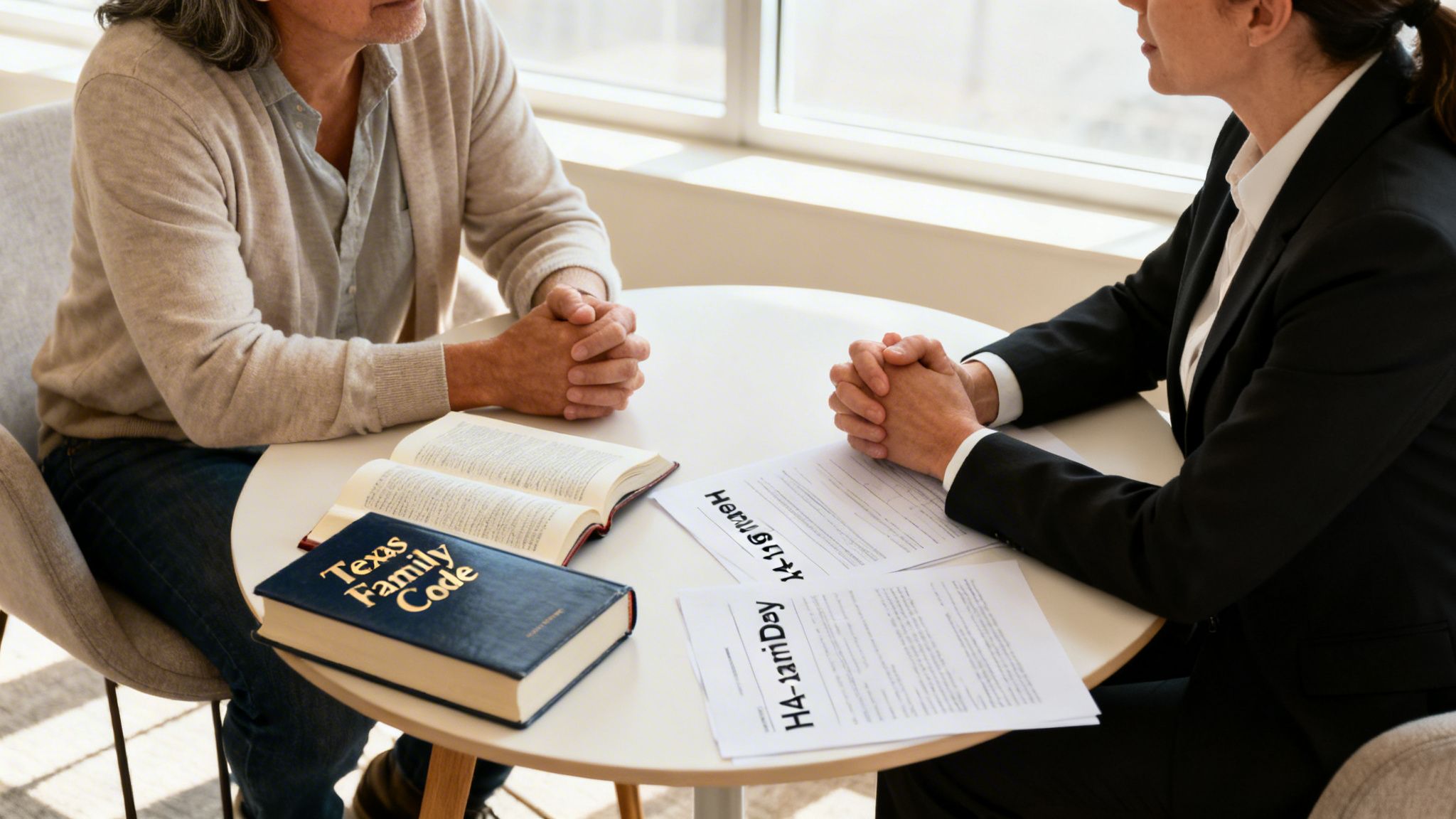 A client and a lawyer consult at a table with legal documents and the Texas Family Code book.