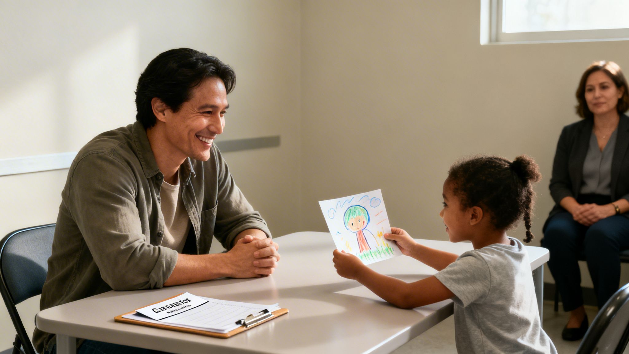 A smiling man and a young girl look at a drawing across a table, with a woman observing.