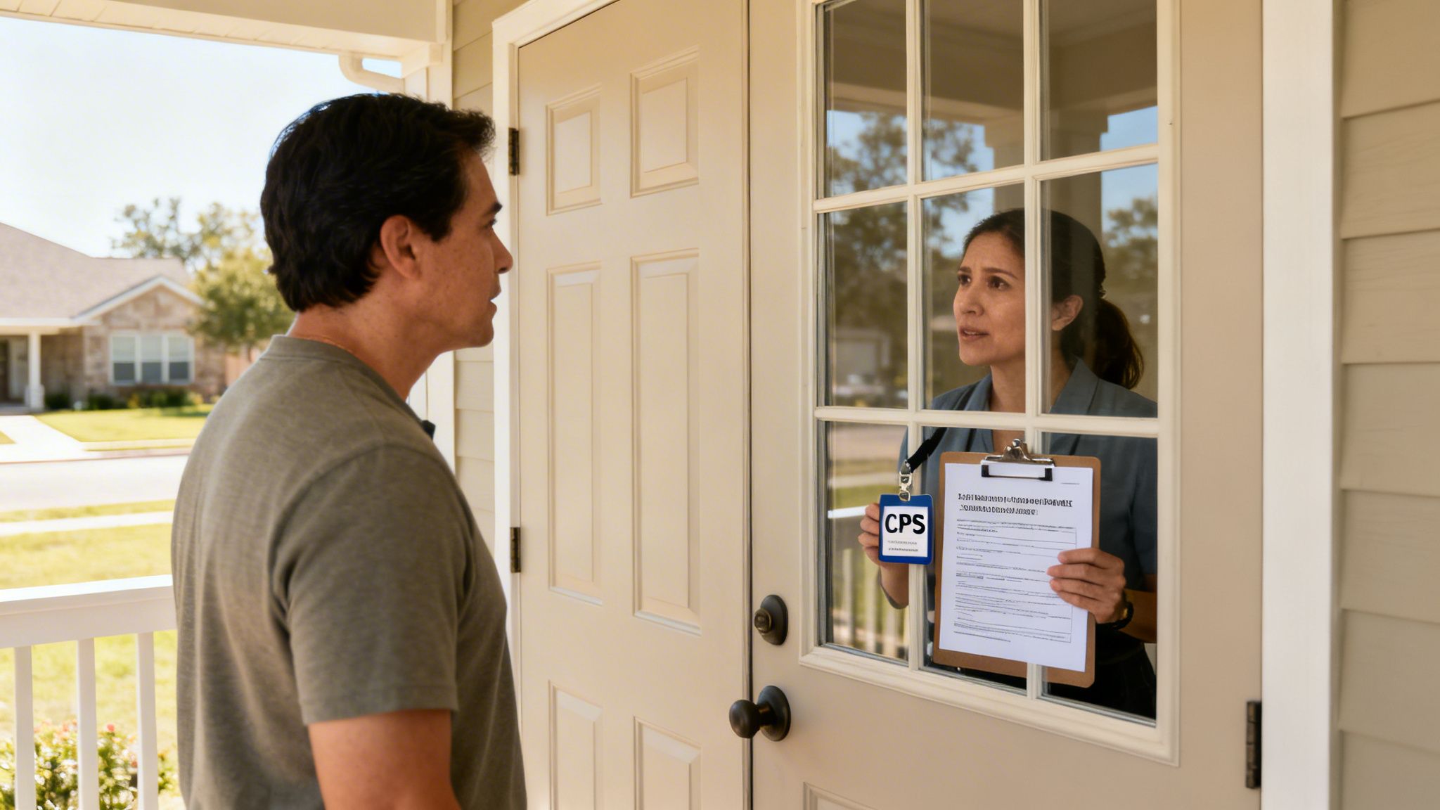 A man on a porch talks to a woman with a CPS badge and clipboard through a glass door.