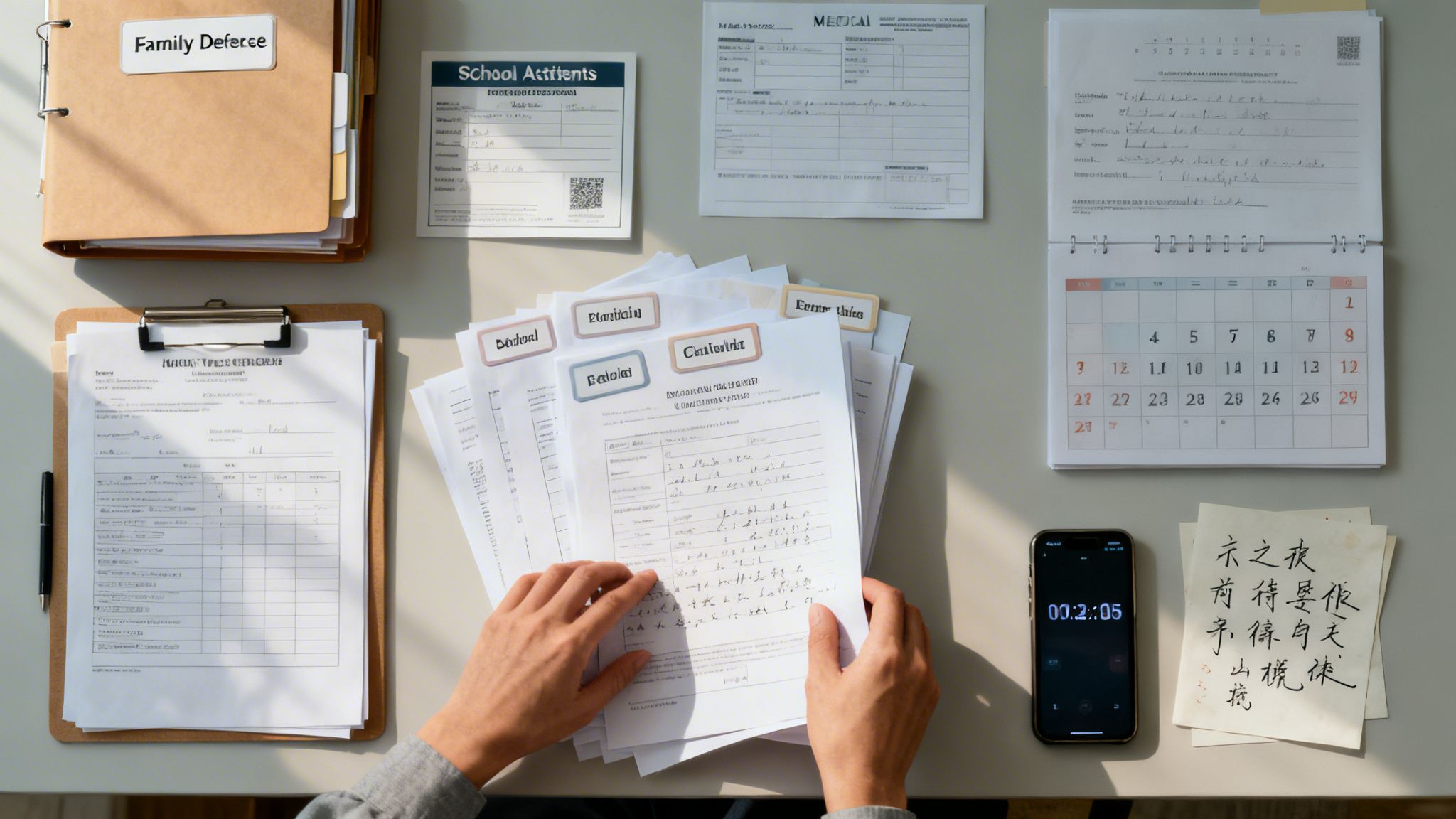 Top-down view of hands sorting through legal and personal documents, including family defense files and school forms.