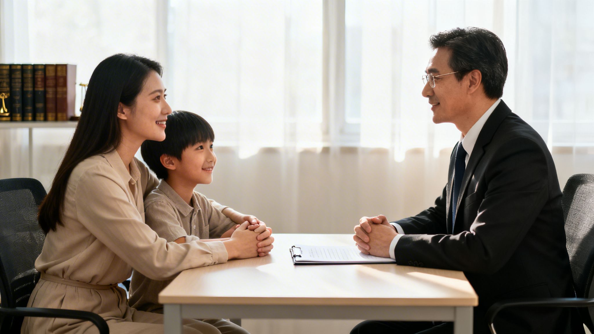 Happy mother and son meeting with a male advisor in a sunlit room.