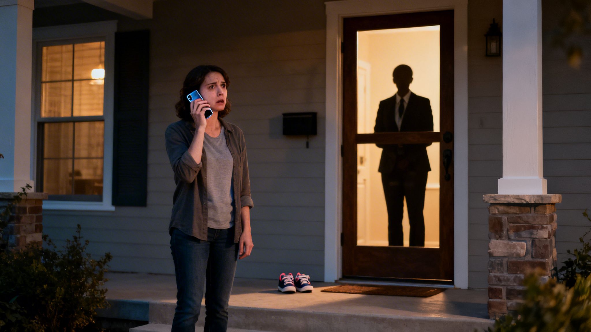 A scared woman talks on the phone outside her house, a man's silhouette visible behind the door.