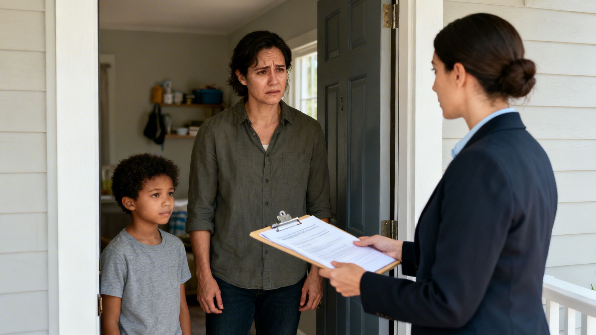 A worried mother and child at their door facing a woman in a suit holding a clipboard.
