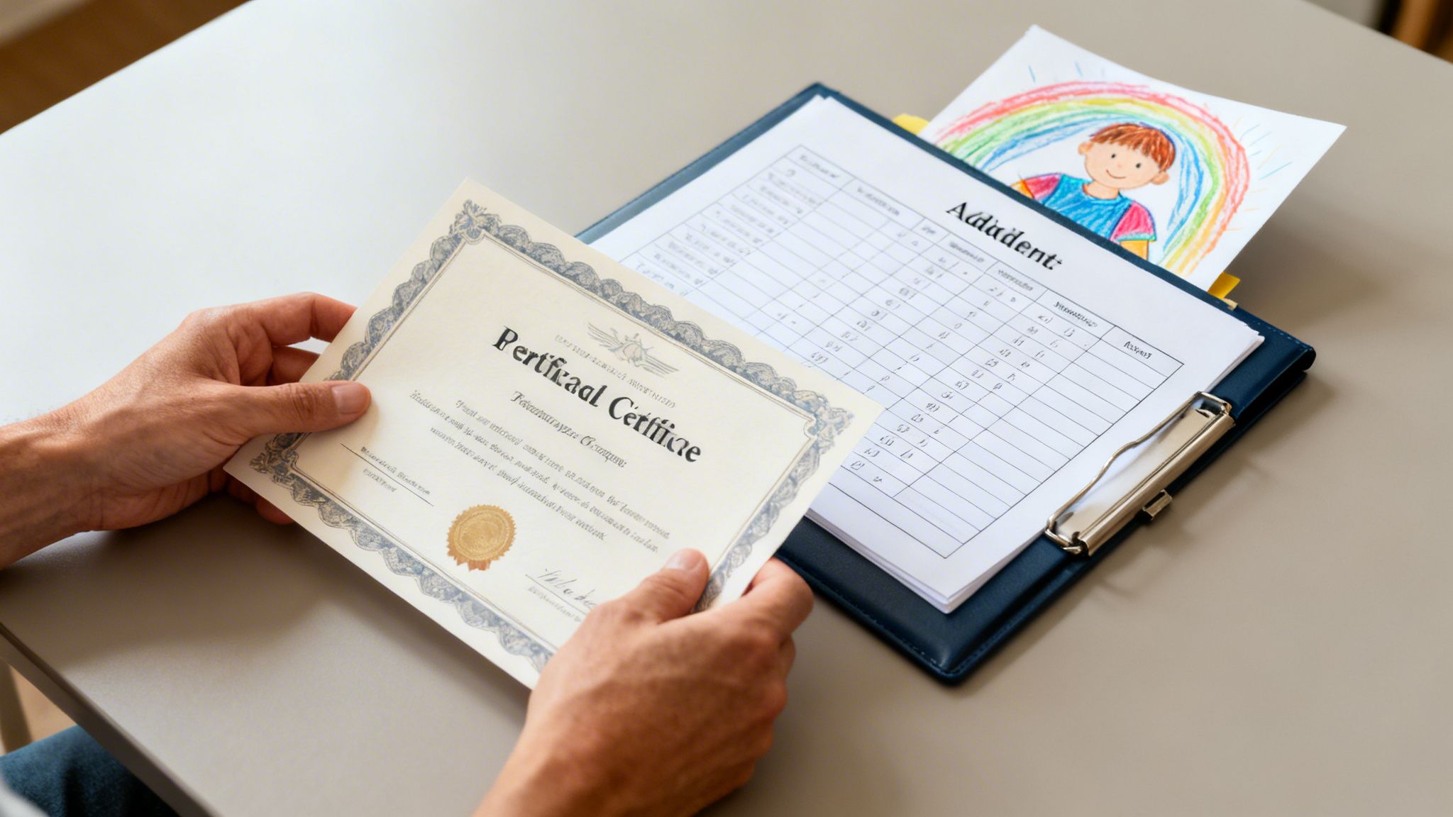 Hands holding a certificate next to a clipboard with a dental chart and child's rainbow drawing.