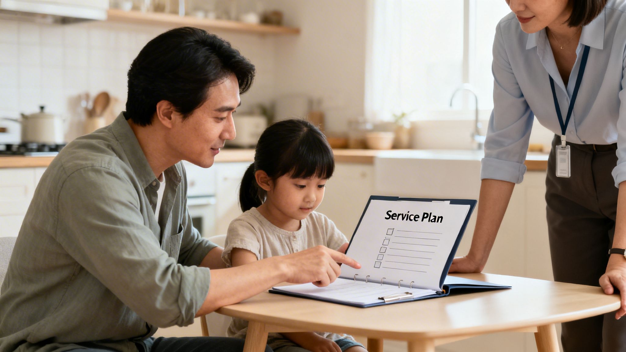 An Asian father and daughter review a 'Service Plan' document with a female professional at home.