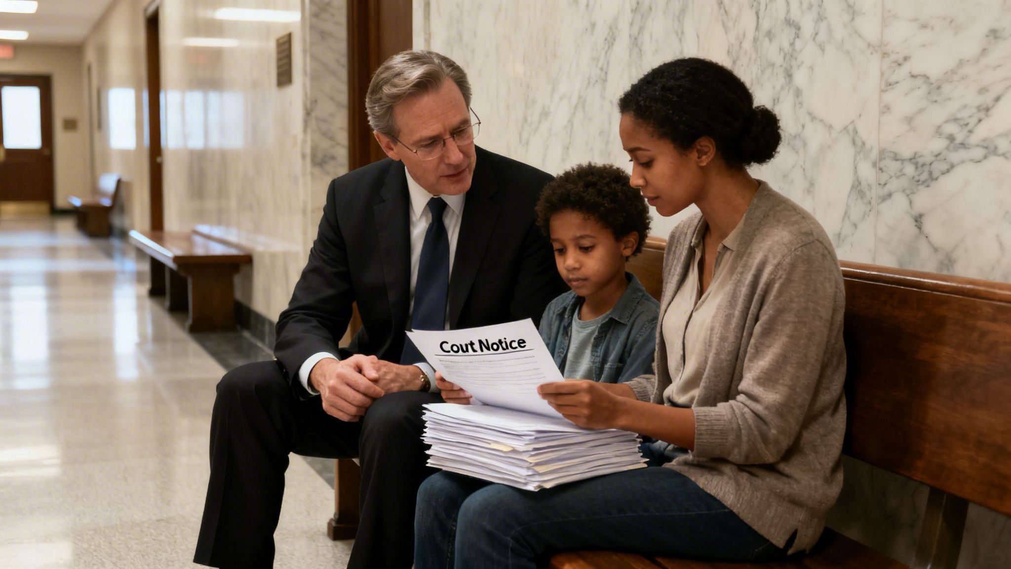 A lawyer, mother, and child intently read a stack of "Court Notice" papers in a courthouse.
