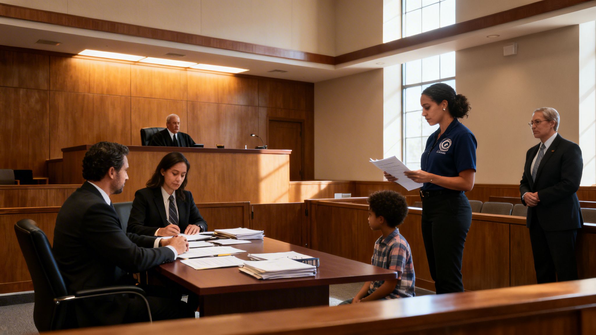 People in a courtroom during a status hearing, including a judge, lawyers, and a child.