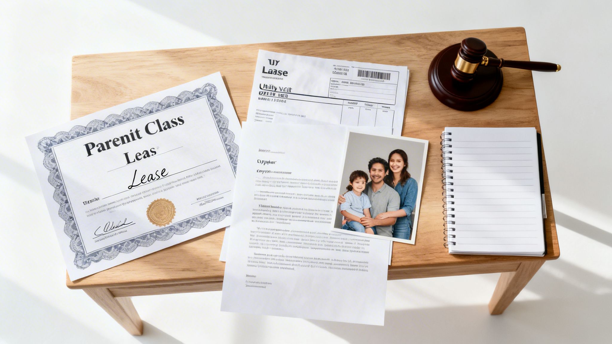 Legal documents, a family photo, a gavel, and a notepad on a wooden table, symbolizing family law.