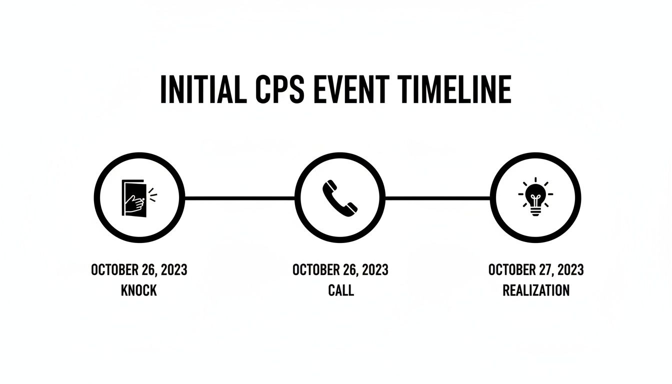 A timeline depicting initial CPS events: a knock and call on October 26, followed by realization on October 27.