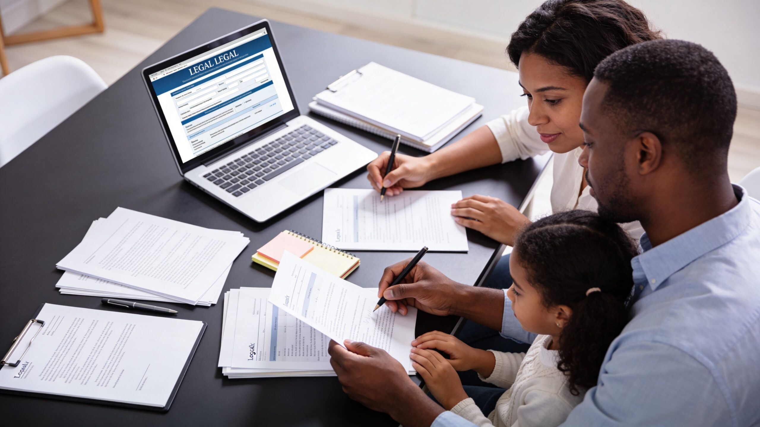 A family of three reviewing legal documents together at a desk with a laptop and paperwork.