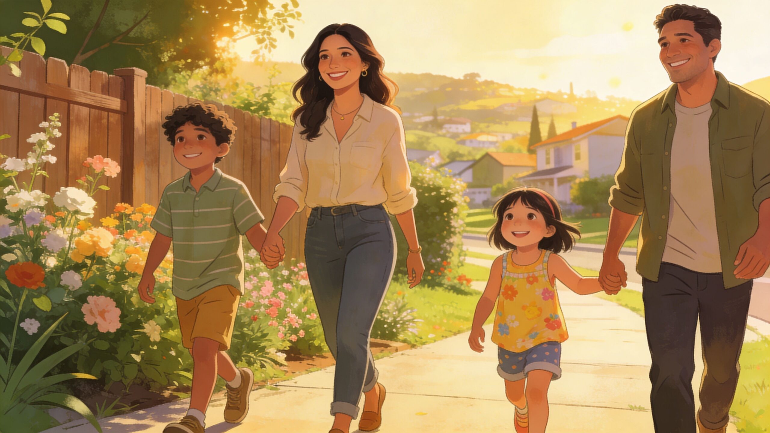 A happy family walking together down a sunny suburban sidewalk alongside a wooden fence and garden.