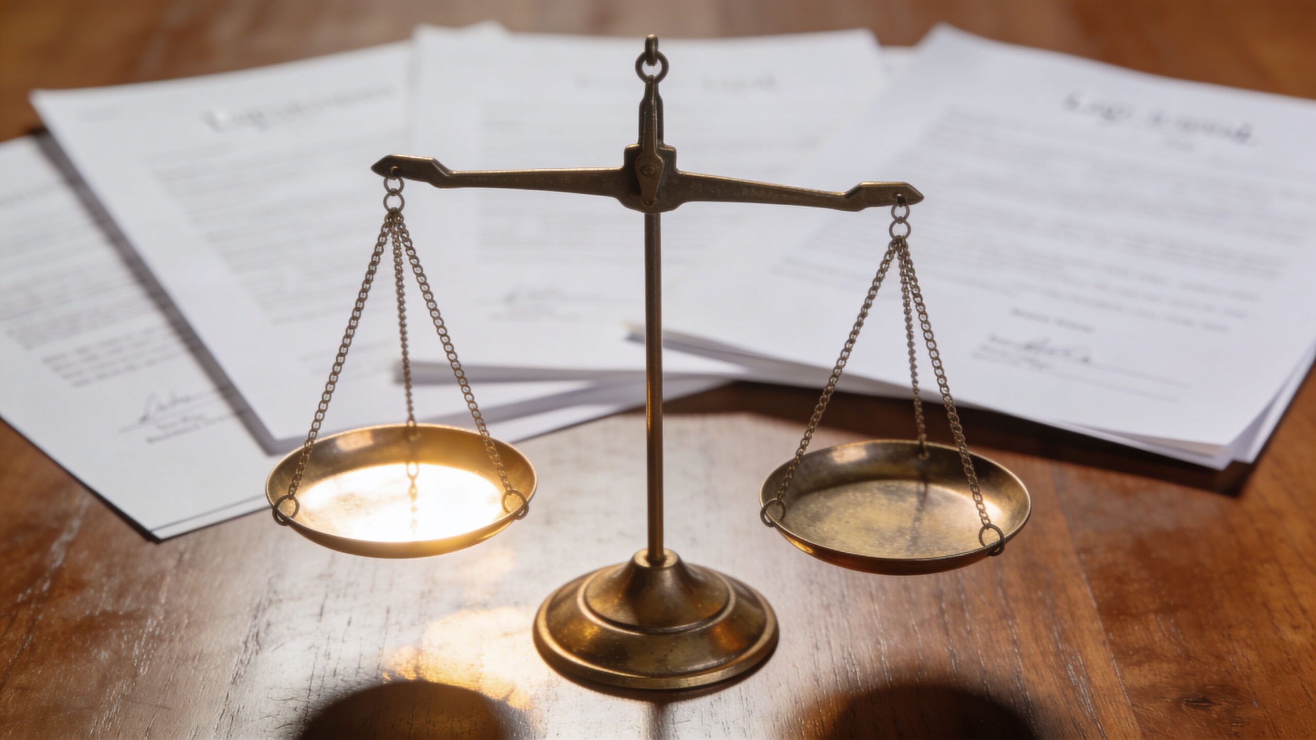 A brass scale of justice sitting on a wooden desk surrounded by legal documents.