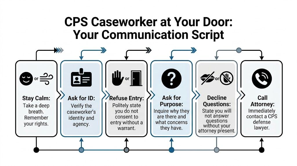A flowchart guide outlining six steps to follow when a Child Protective Services caseworker visits your home.