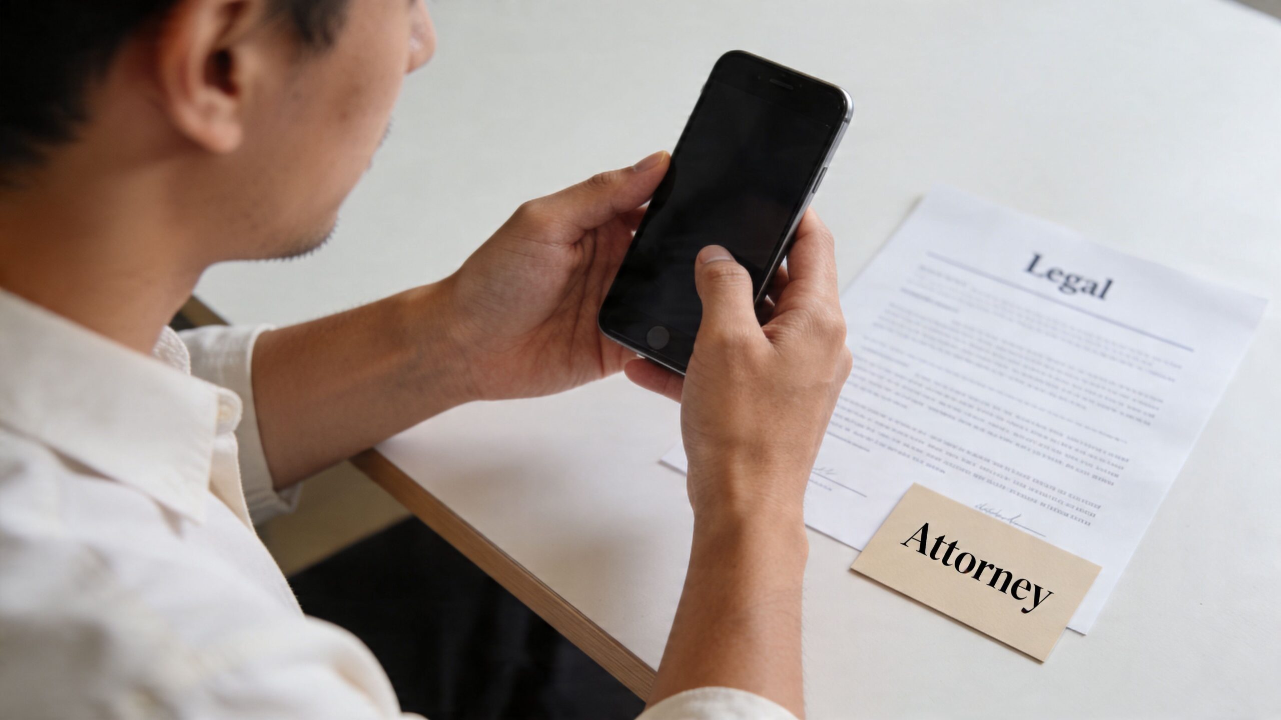 A man in a white shirt looking at his smartphone next to a legal document and attorney card.