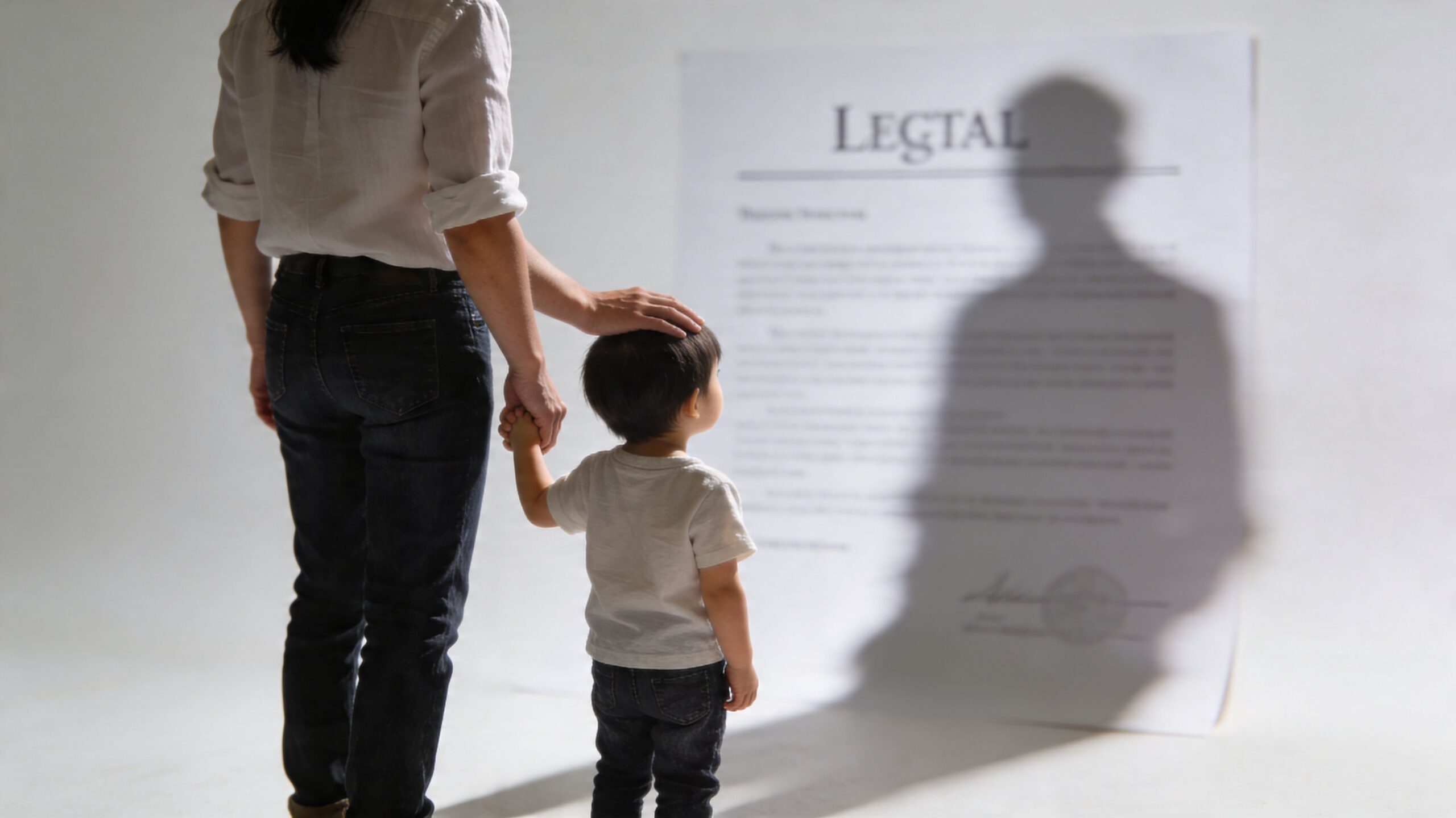 A mother and her young son holding hands while looking at a large legal document together.