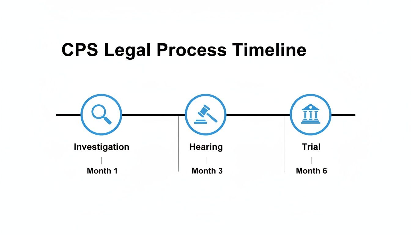 A timeline depicting the CPS legal process: Investigation (Month 1), Hearing (Month 3), and Trial (Month 6).