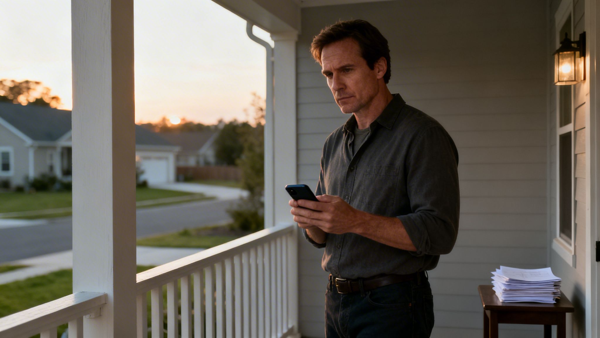 A serious man on a porch uses his smartphone during sunset in a suburban neighborhood.