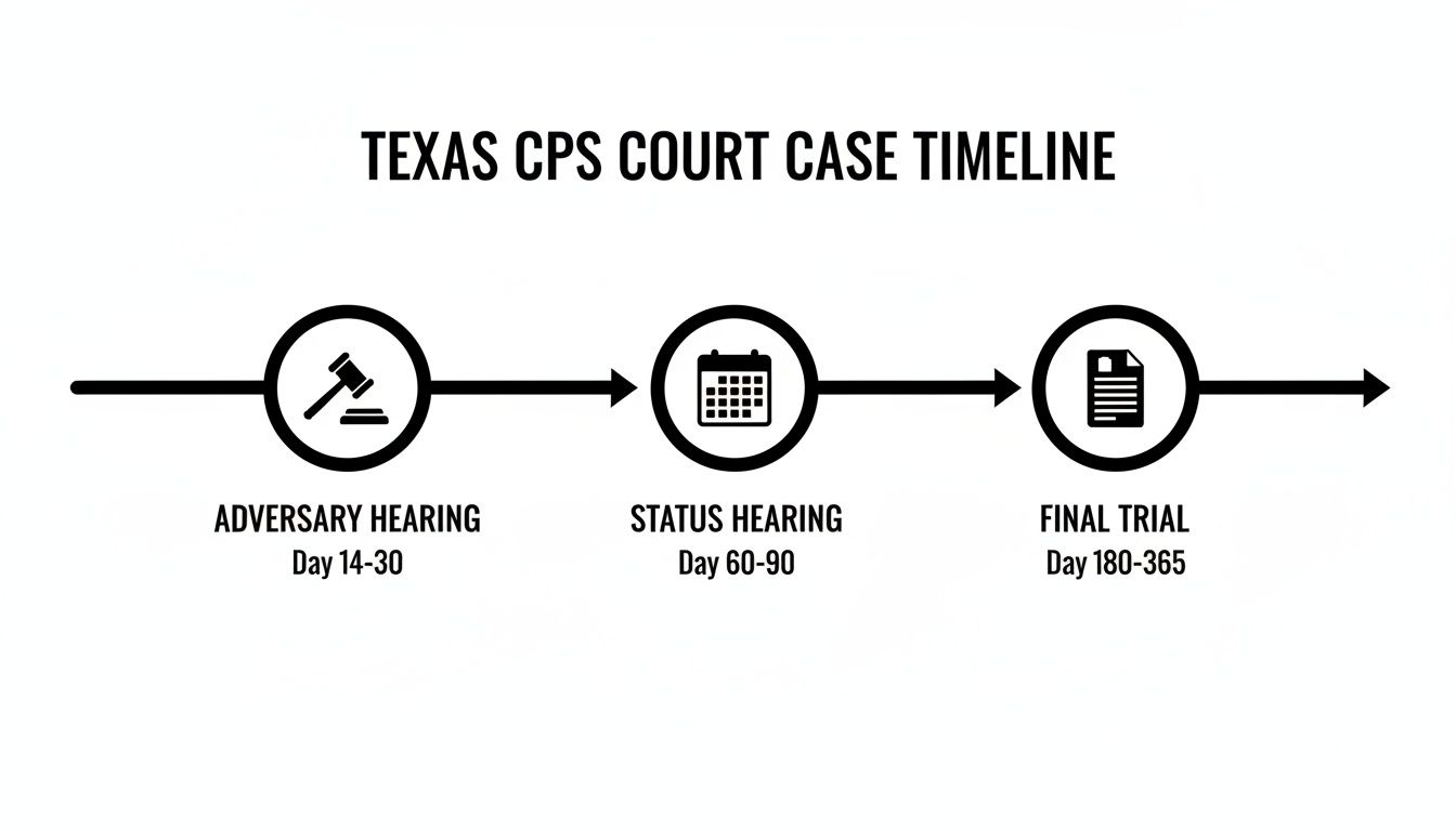 A timeline illustrating the stages of a Texas CPS court case: Adversary, Status, and Final Trial.
