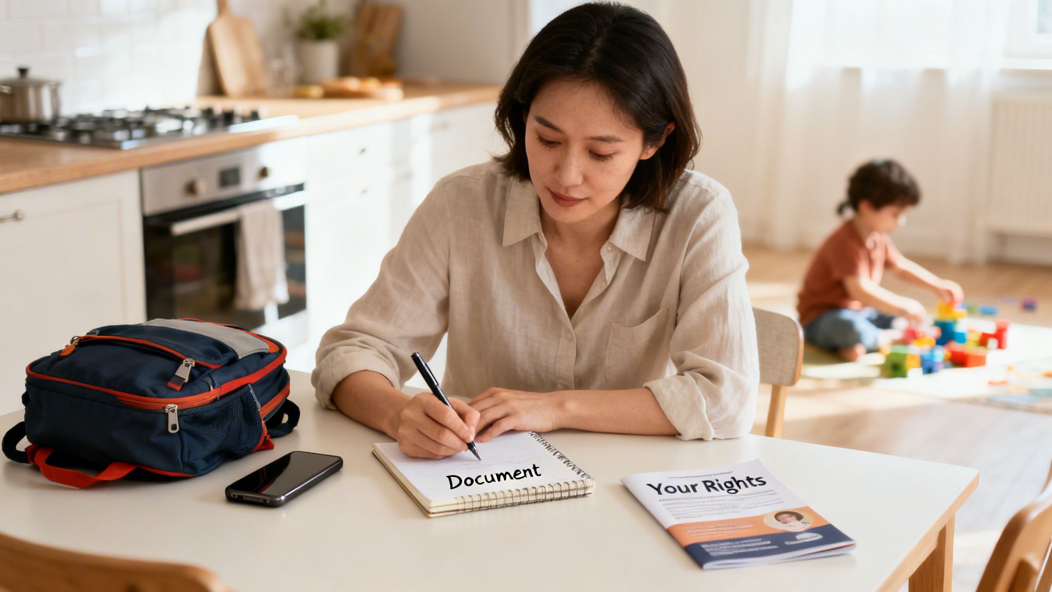 A woman writes 'Document' in a notebook, near a 'Your Rights' brochure, with a child playing.