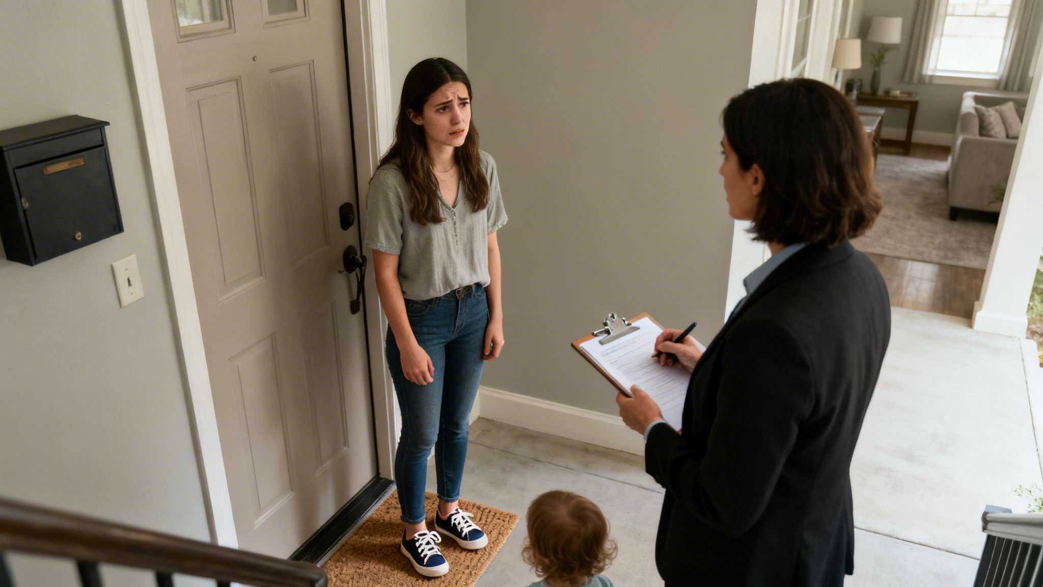 A distressed mother speaks with a social worker holding a clipboard, a child at their feet.