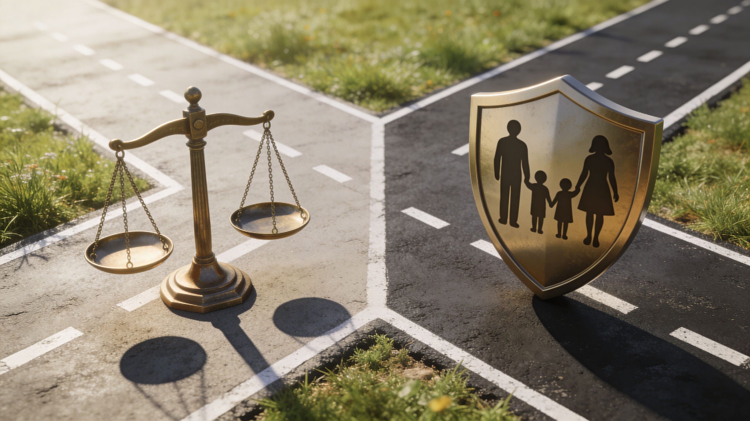 A golden scale of justice and a family shield icon sitting on a crossroads junction road.